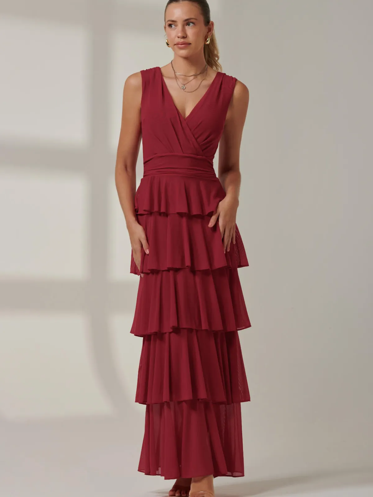 Jolie Moi Occasion Dresses|Sleeveless Dresses-Plain Tiered Mesh Maxi Dress, Burgundy