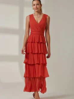 Jolie Moi Occasion Dresses|Sleeveless Dresses-Plain Tiered Mesh Maxi Dress, Dark Orange