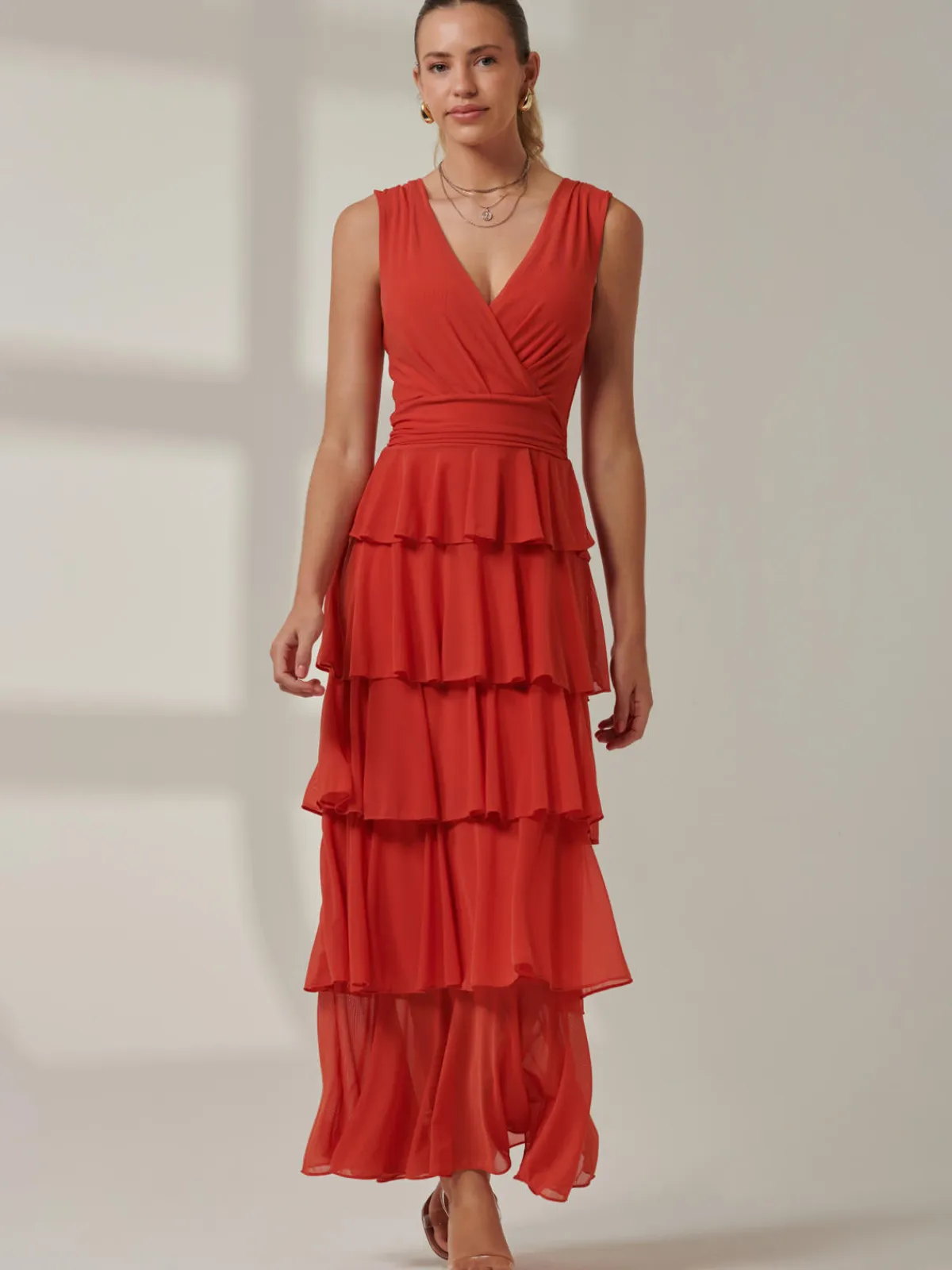 Jolie Moi Occasion Dresses|Sleeveless Dresses-Plain Tiered Mesh Maxi Dress, Dark Orange