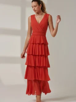 Jolie Moi Occasion Dresses|Sleeveless Dresses-Plain Tiered Mesh Maxi Dress, Dark Orange