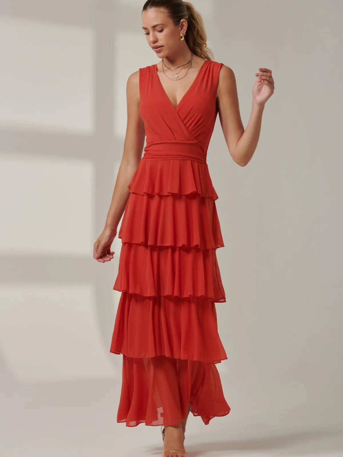 Jolie Moi Occasion Dresses|Sleeveless Dresses-Plain Tiered Mesh Maxi Dress, Dark Orange