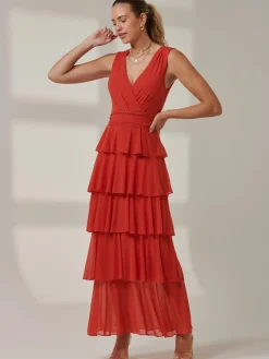 Jolie Moi Occasion Dresses|Sleeveless Dresses-Plain Tiered Mesh Maxi Dress, Dark Orange