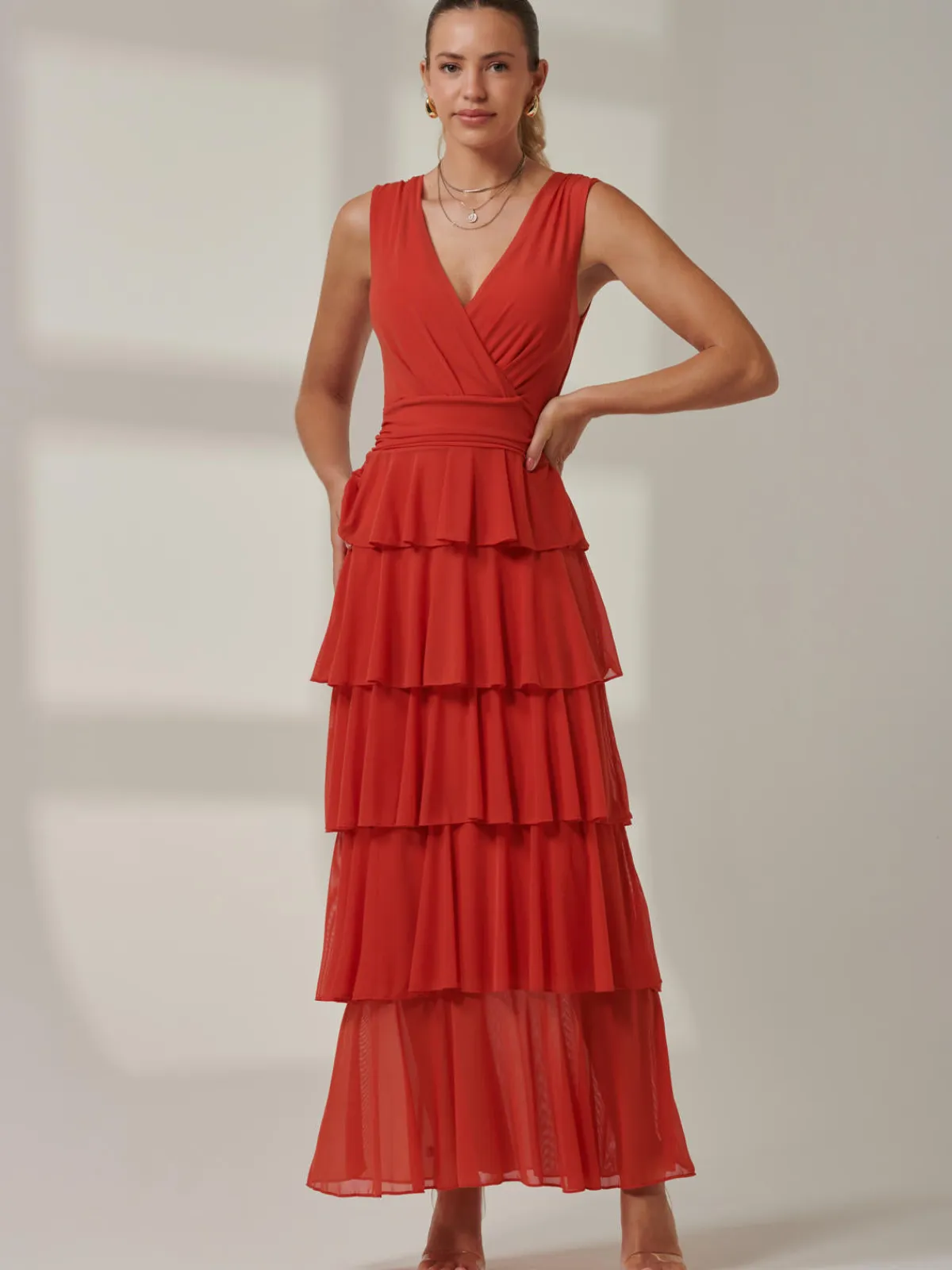Jolie Moi Occasion Dresses|Sleeveless Dresses-Plain Tiered Mesh Maxi Dress, Dark Orange