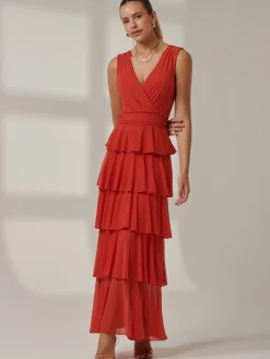 Jolie Moi Occasion Dresses|Sleeveless Dresses-Plain Tiered Mesh Maxi Dress, Dark Orange