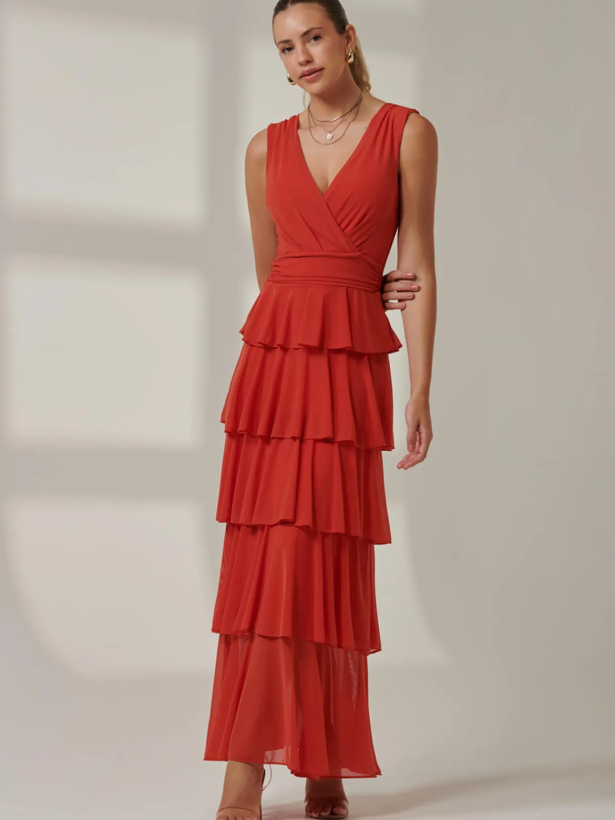 Jolie Moi Occasion Dresses|Sleeveless Dresses-Plain Tiered Mesh Maxi Dress, Dark Orange