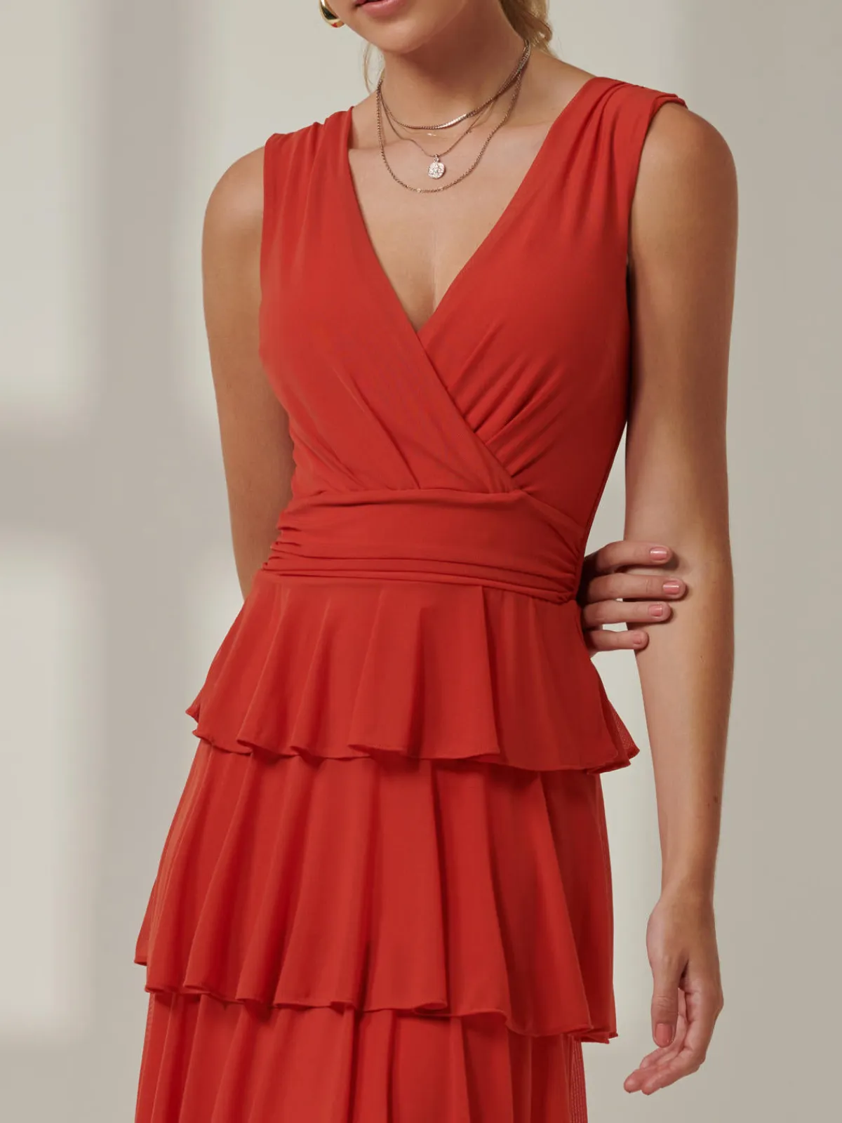 Jolie Moi Occasion Dresses|Sleeveless Dresses-Plain Tiered Mesh Maxi Dress, Dark Orange