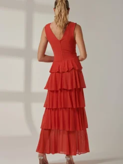 Jolie Moi Occasion Dresses|Sleeveless Dresses-Plain Tiered Mesh Maxi Dress, Dark Orange