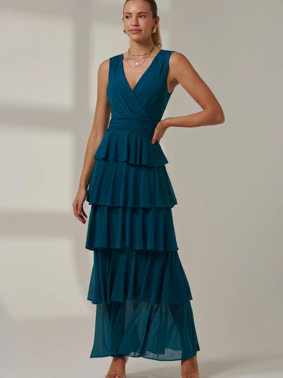 Jolie Moi Occasion Dresses|Wrap Dresses-Plain Tiered Mesh Maxi Dress, Petrol Blue