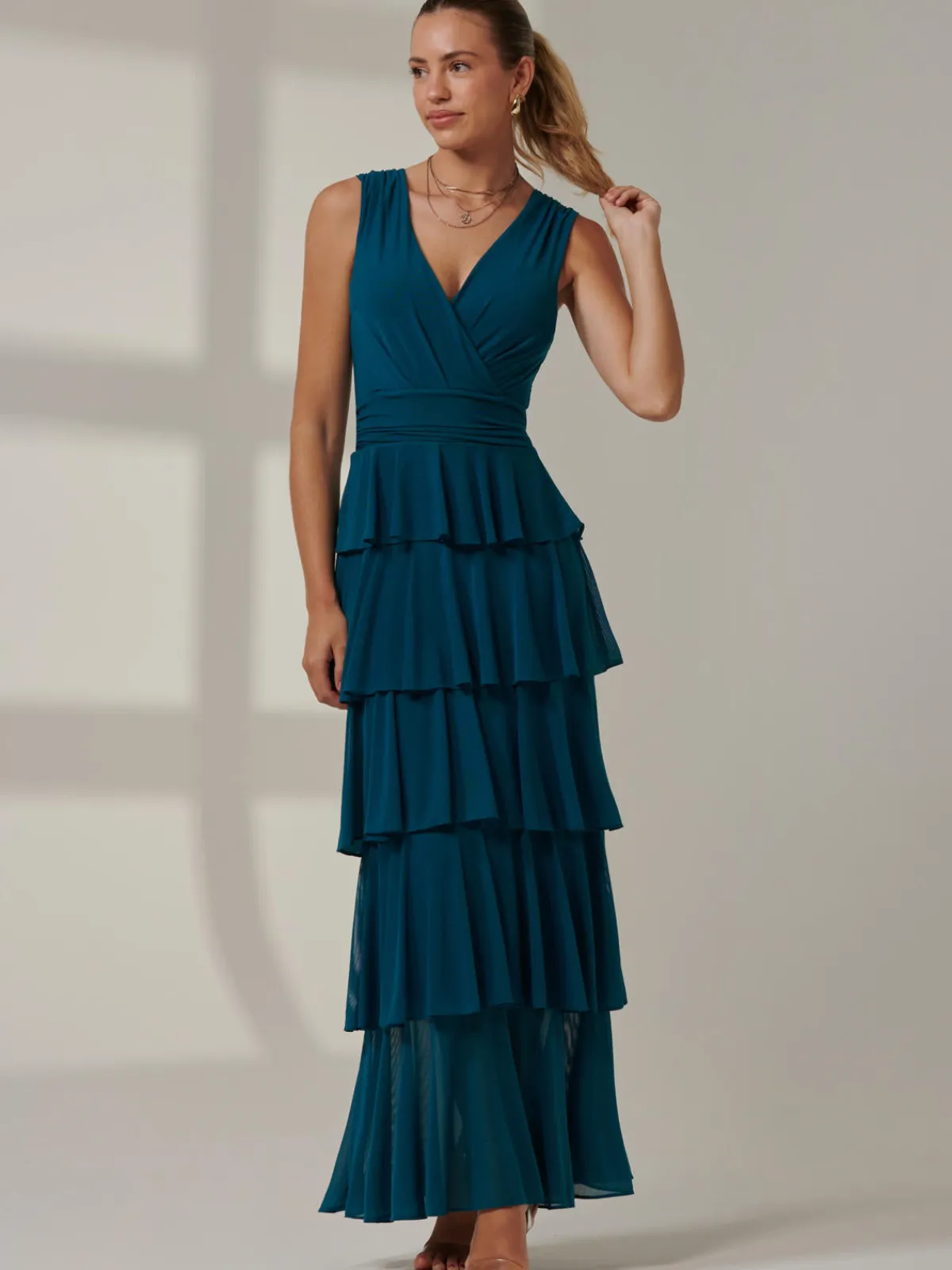 Jolie Moi Occasion Dresses|Wrap Dresses-Plain Tiered Mesh Maxi Dress, Petrol Blue