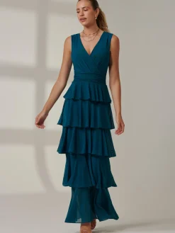 Jolie Moi Occasion Dresses|Wrap Dresses-Plain Tiered Mesh Maxi Dress, Petrol Blue
