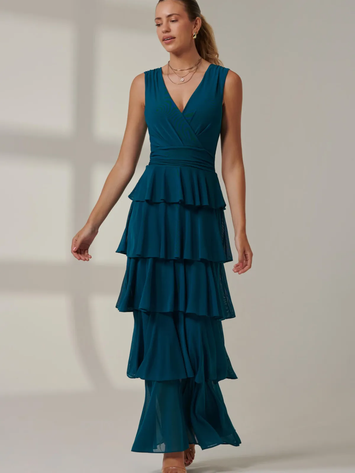 Jolie Moi Occasion Dresses|Wrap Dresses-Plain Tiered Mesh Maxi Dress, Petrol Blue