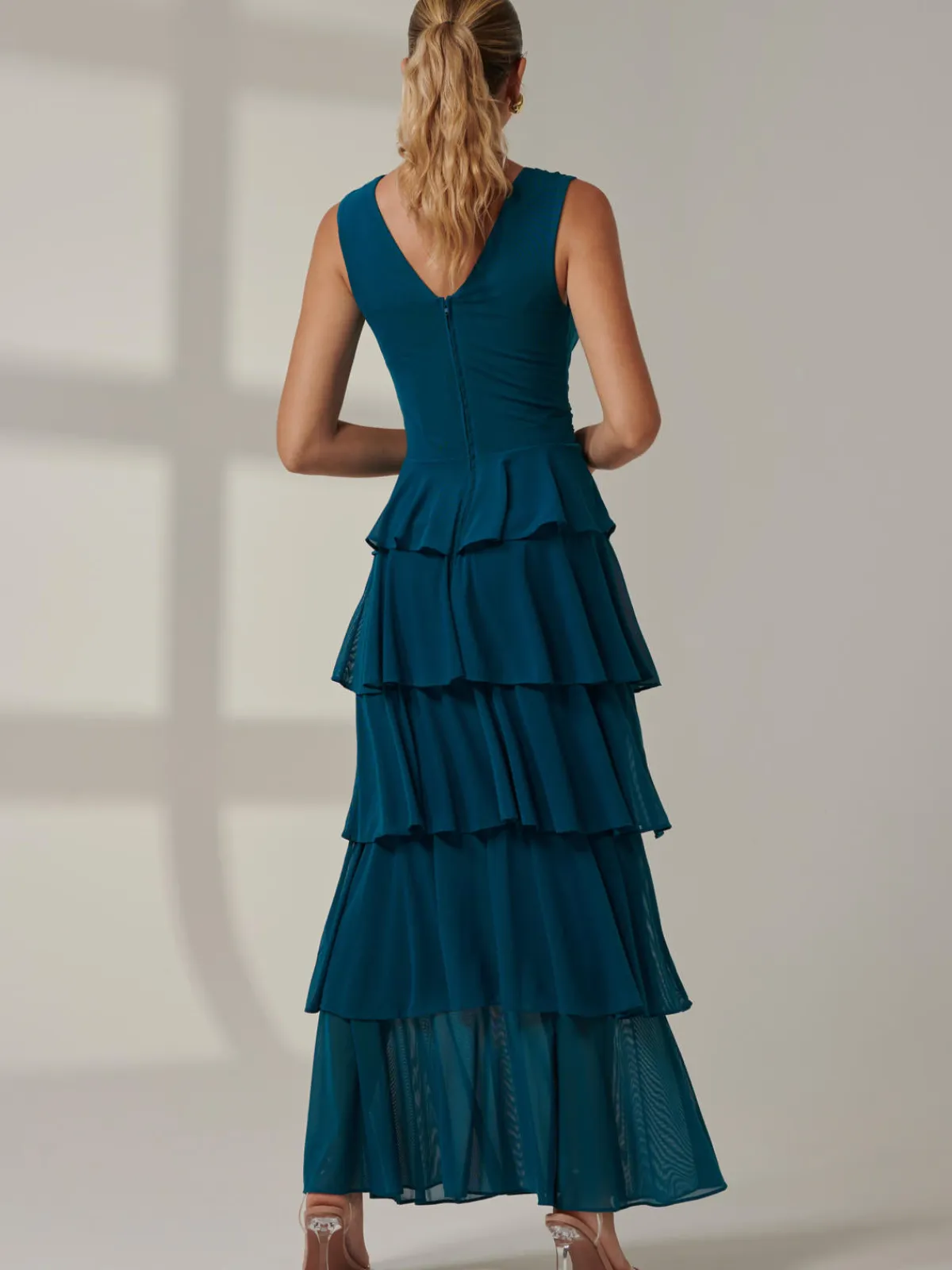 Jolie Moi Occasion Dresses|Wrap Dresses-Plain Tiered Mesh Maxi Dress, Petrol Blue