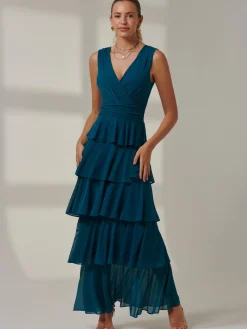Jolie Moi Occasion Dresses|Wrap Dresses-Plain Tiered Mesh Maxi Dress, Petrol Blue
