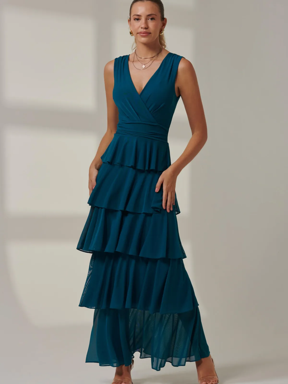 Jolie Moi Occasion Dresses|Wrap Dresses-Plain Tiered Mesh Maxi Dress, Petrol Blue