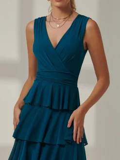 Jolie Moi Occasion Dresses|Wrap Dresses-Plain Tiered Mesh Maxi Dress, Petrol Blue