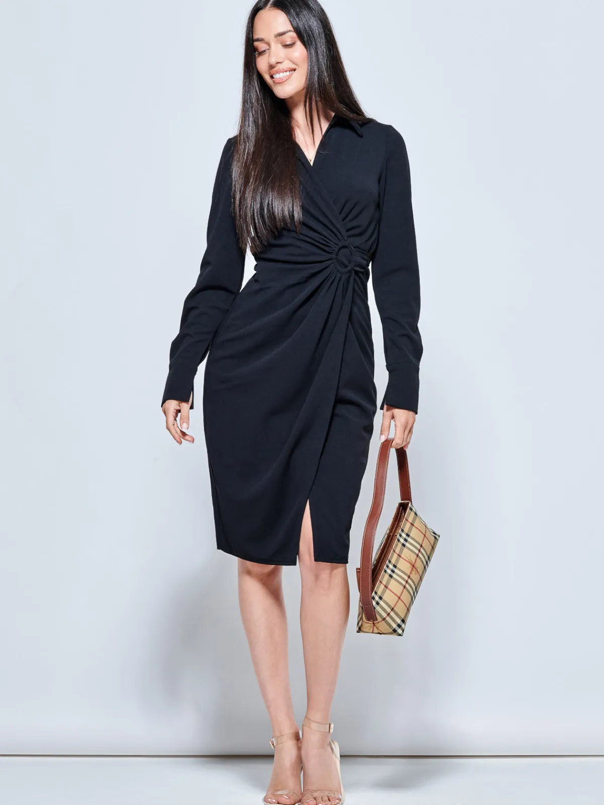 Jolie Moi Occasion Dresses|Shirt Dresses-Plain Wrap Front Buckle Shirt Dress, Black