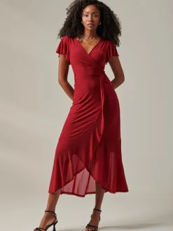 Jolie Moi Occasion Dresses|Mesh Dresses-Plain Wrap Mesh Maxi Dress, Burgundy