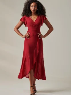 Jolie Moi Occasion Dresses|Mesh Dresses-Plain Wrap Mesh Maxi Dress, Burgundy