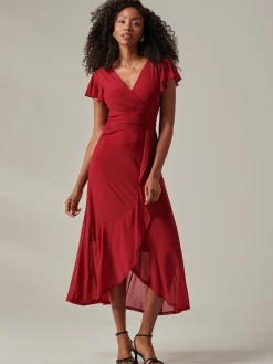 Jolie Moi Occasion Dresses|Mesh Dresses-Plain Wrap Mesh Maxi Dress, Burgundy