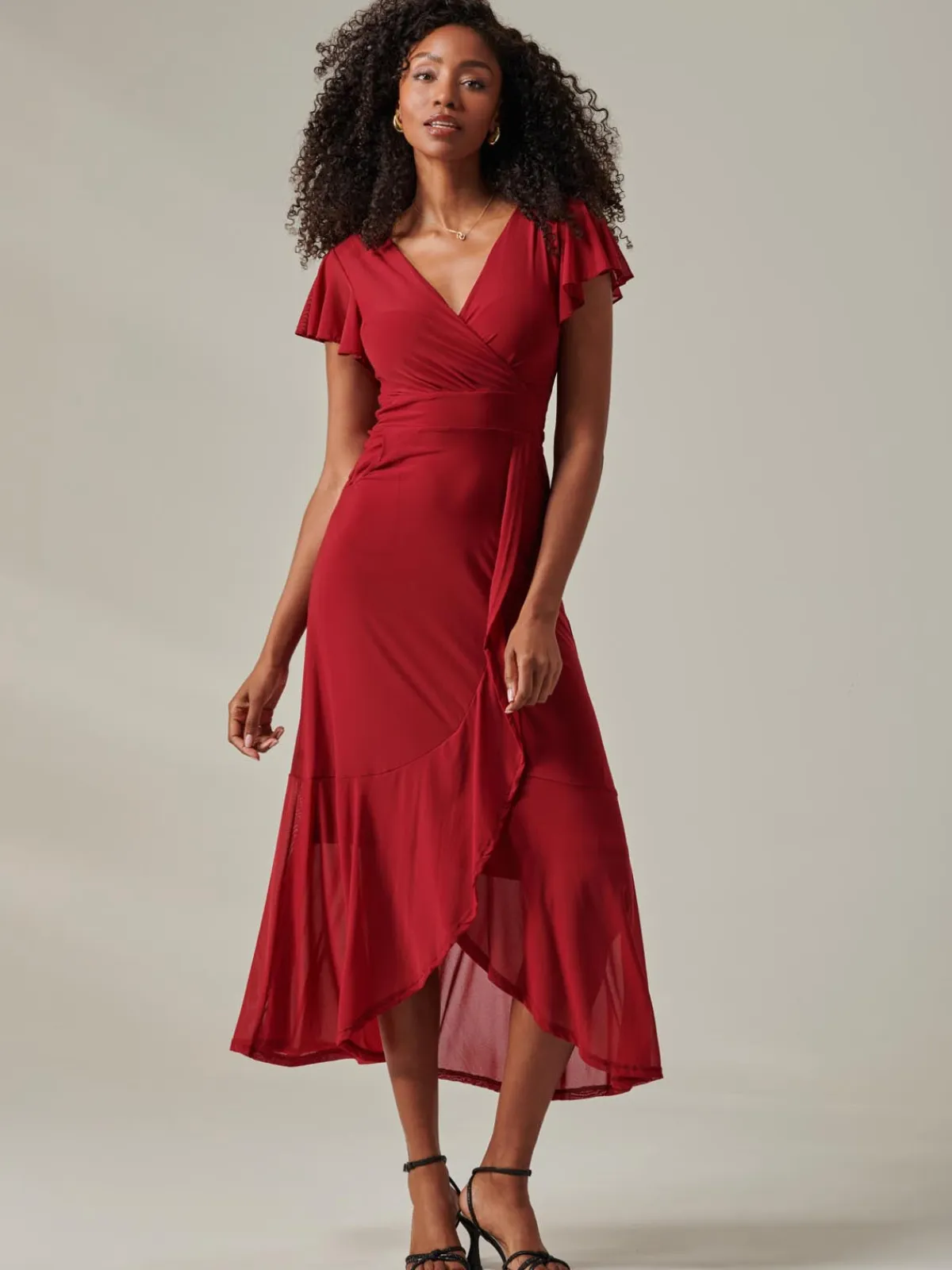 Jolie Moi Occasion Dresses|Mesh Dresses-Plain Wrap Mesh Maxi Dress, Burgundy