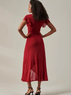 Jolie Moi Occasion Dresses|Mesh Dresses-Plain Wrap Mesh Maxi Dress, Burgundy