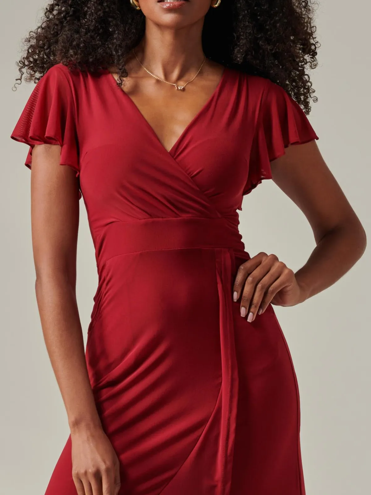 Jolie Moi Occasion Dresses|Mesh Dresses-Plain Wrap Mesh Maxi Dress, Burgundy