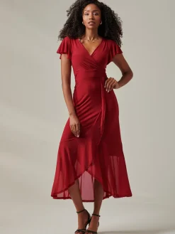 Jolie Moi Occasion Dresses|Mesh Dresses-Plain Wrap Mesh Maxi Dress, Burgundy
