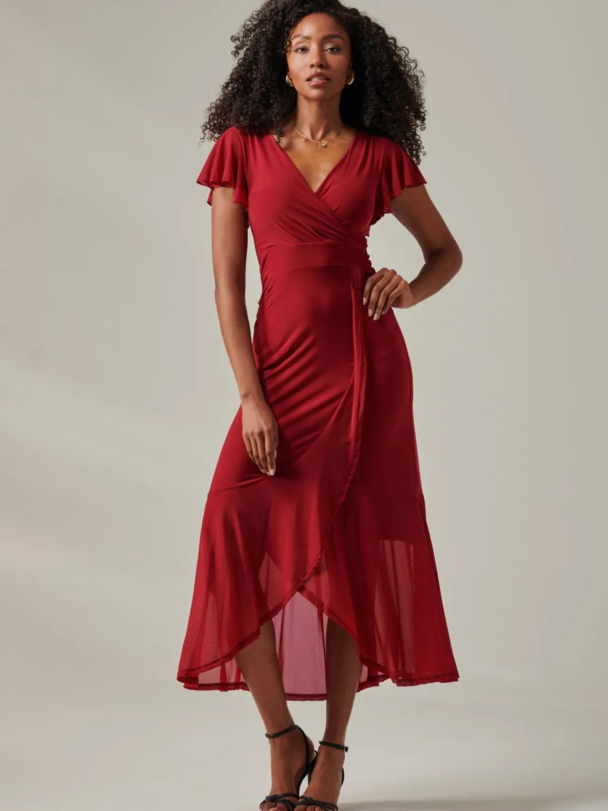 Jolie Moi Occasion Dresses|Mesh Dresses-Plain Wrap Mesh Maxi Dress, Burgundy