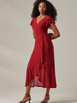 Jolie Moi Occasion Dresses|Mesh Dresses-Plain Wrap Mesh Maxi Dress, Burgundy
