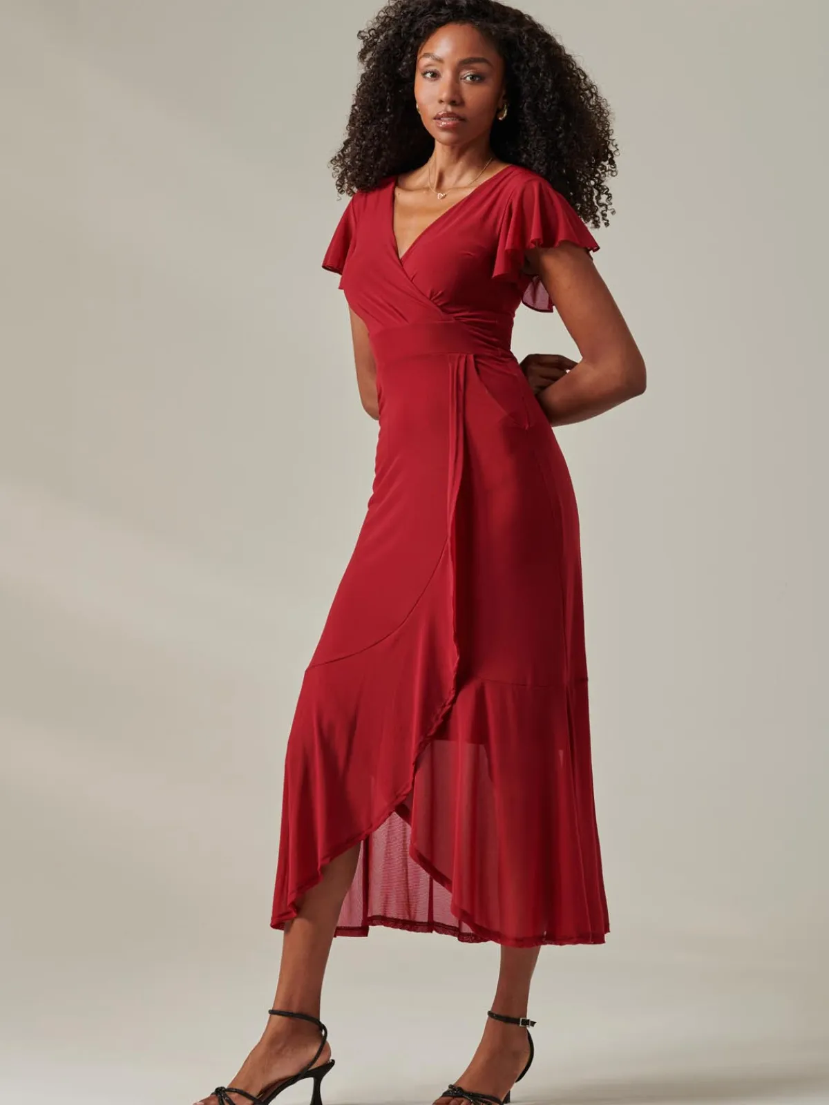 Jolie Moi Occasion Dresses|Mesh Dresses-Plain Wrap Mesh Maxi Dress, Burgundy
