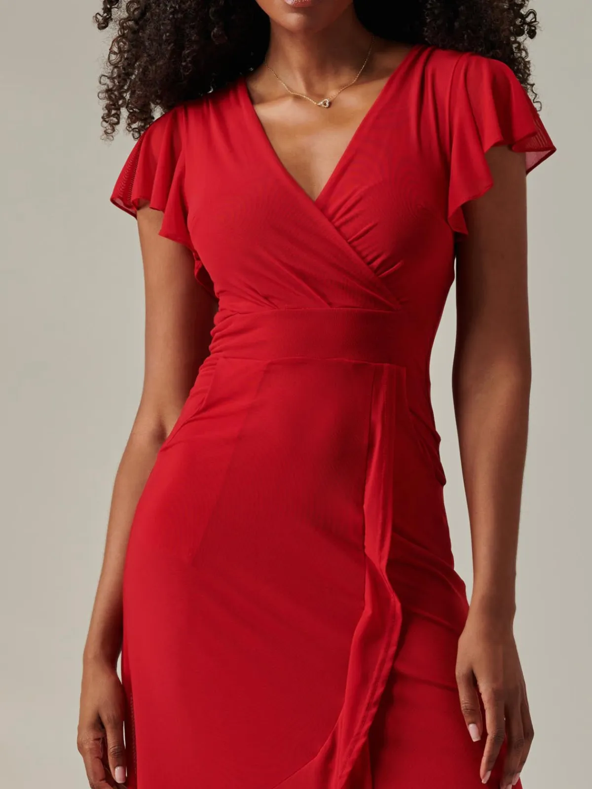 Jolie Moi Occasion Dresses|Wrap Dresses-Plain Wrap Mesh Maxi Dress, Red