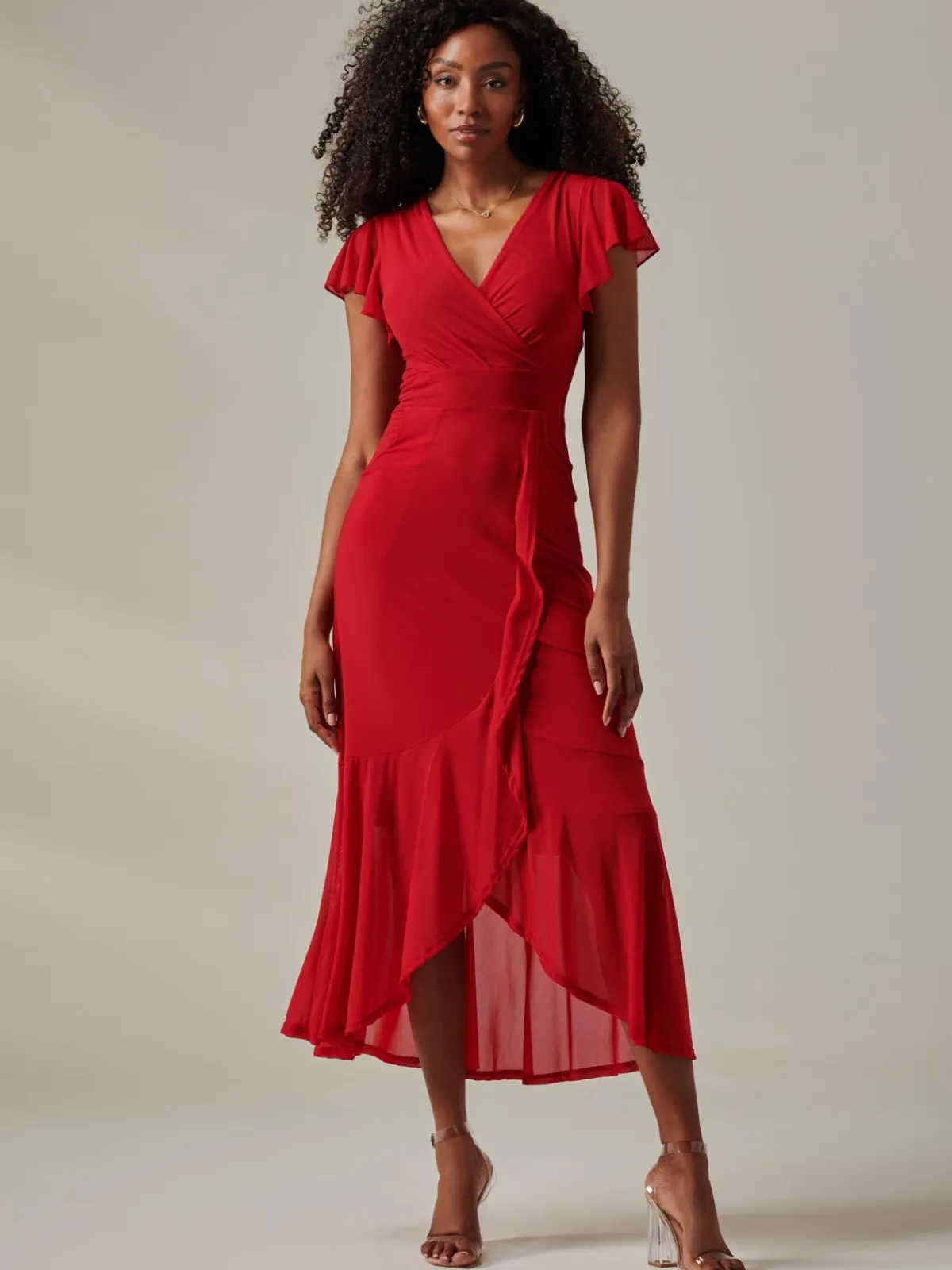 Jolie Moi Occasion Dresses|Wrap Dresses-Plain Wrap Mesh Maxi Dress, Red