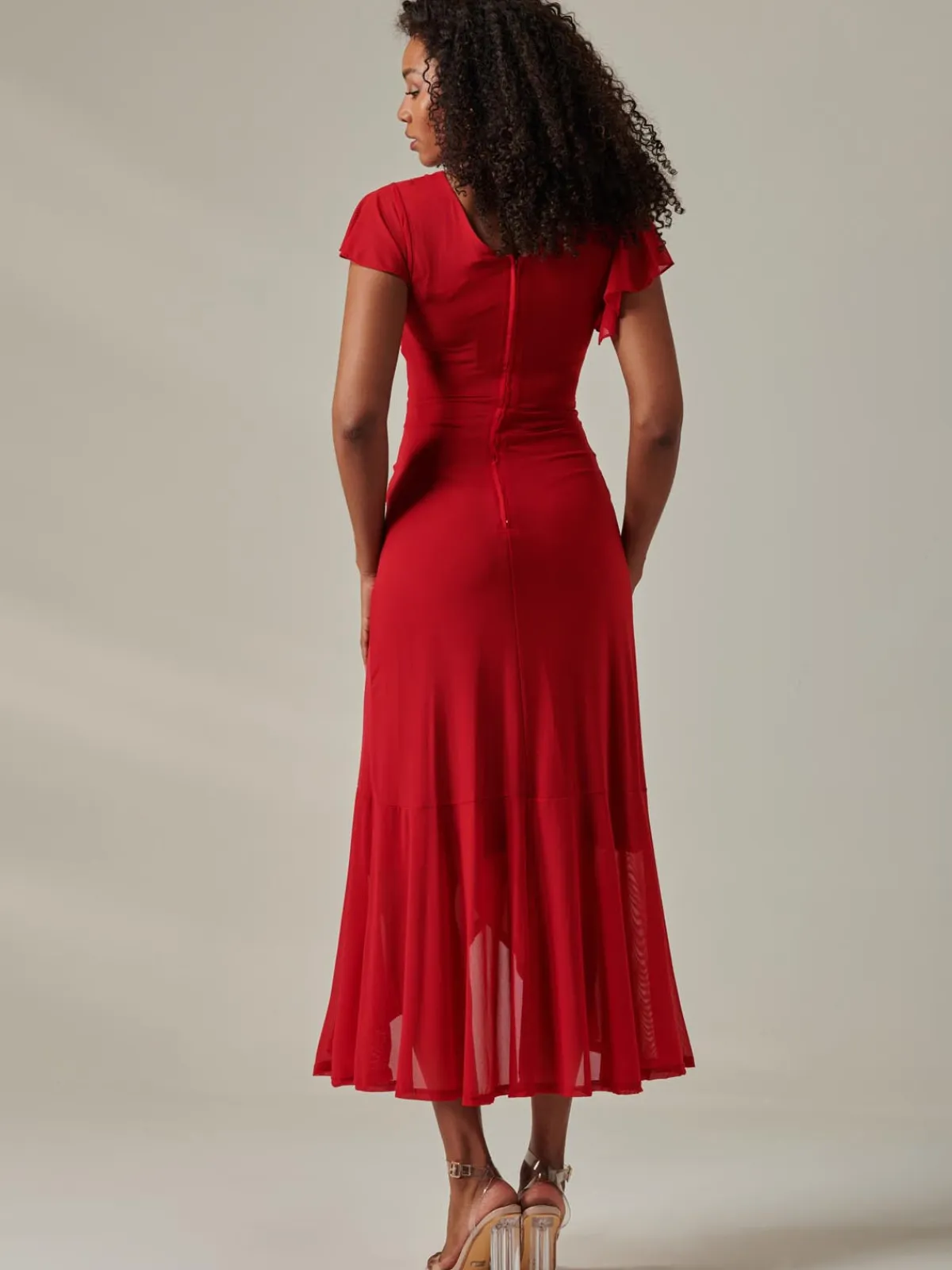 Jolie Moi Occasion Dresses|Wrap Dresses-Plain Wrap Mesh Maxi Dress, Red