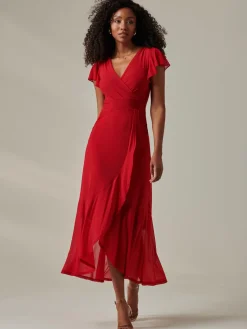 Jolie Moi Occasion Dresses|Wrap Dresses-Plain Wrap Mesh Maxi Dress, Red
