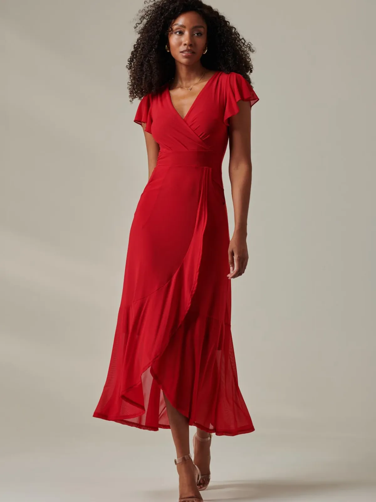 Jolie Moi Occasion Dresses|Wrap Dresses-Plain Wrap Mesh Maxi Dress, Red