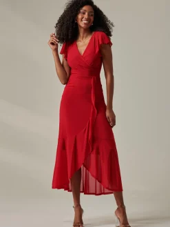 Jolie Moi Occasion Dresses|Wrap Dresses-Plain Wrap Mesh Maxi Dress, Red