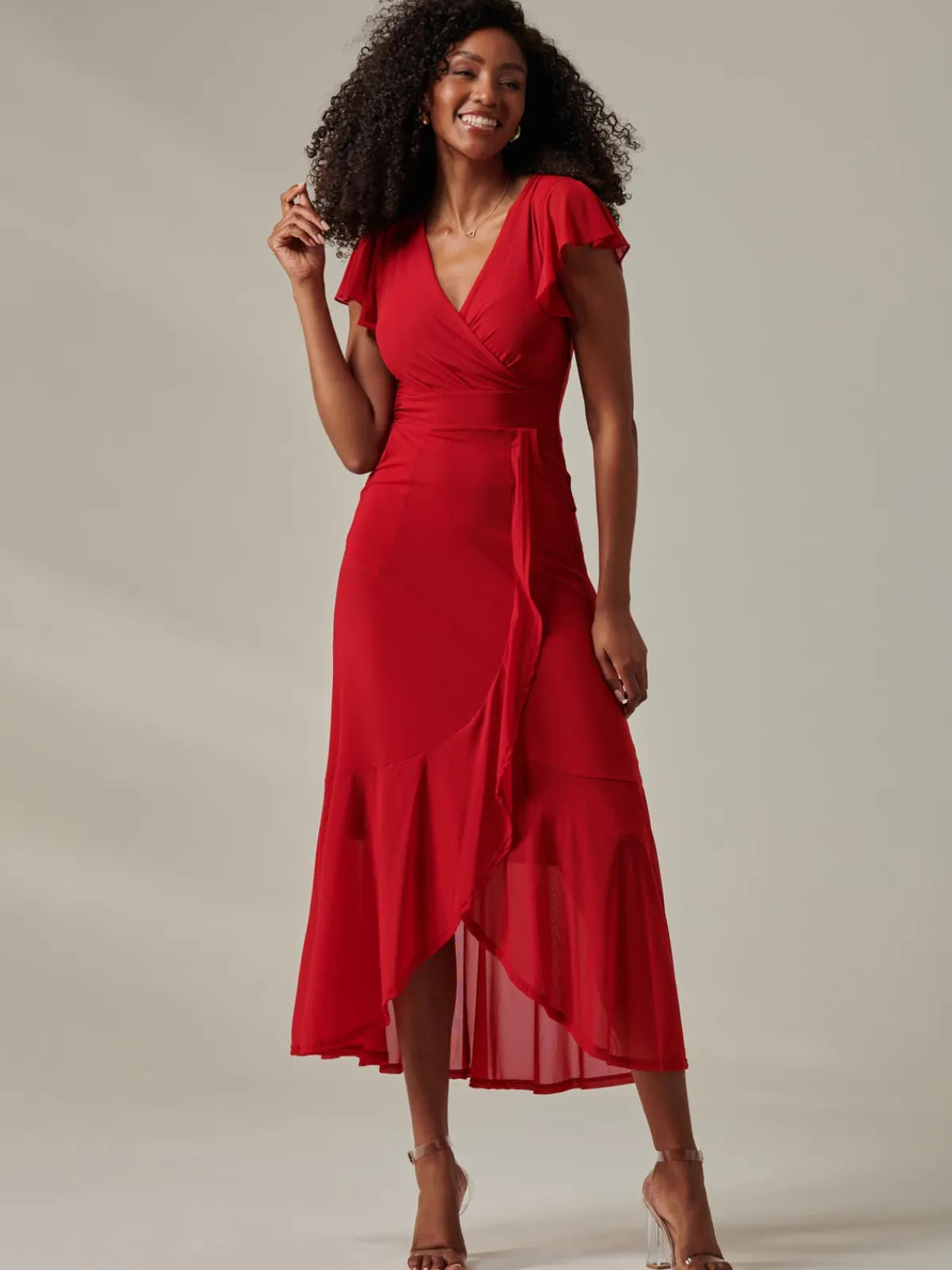 Jolie Moi Occasion Dresses|Wrap Dresses-Plain Wrap Mesh Maxi Dress, Red