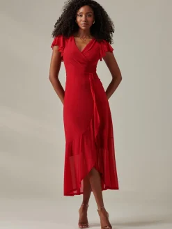 Jolie Moi Occasion Dresses|Wrap Dresses-Plain Wrap Mesh Maxi Dress, Red
