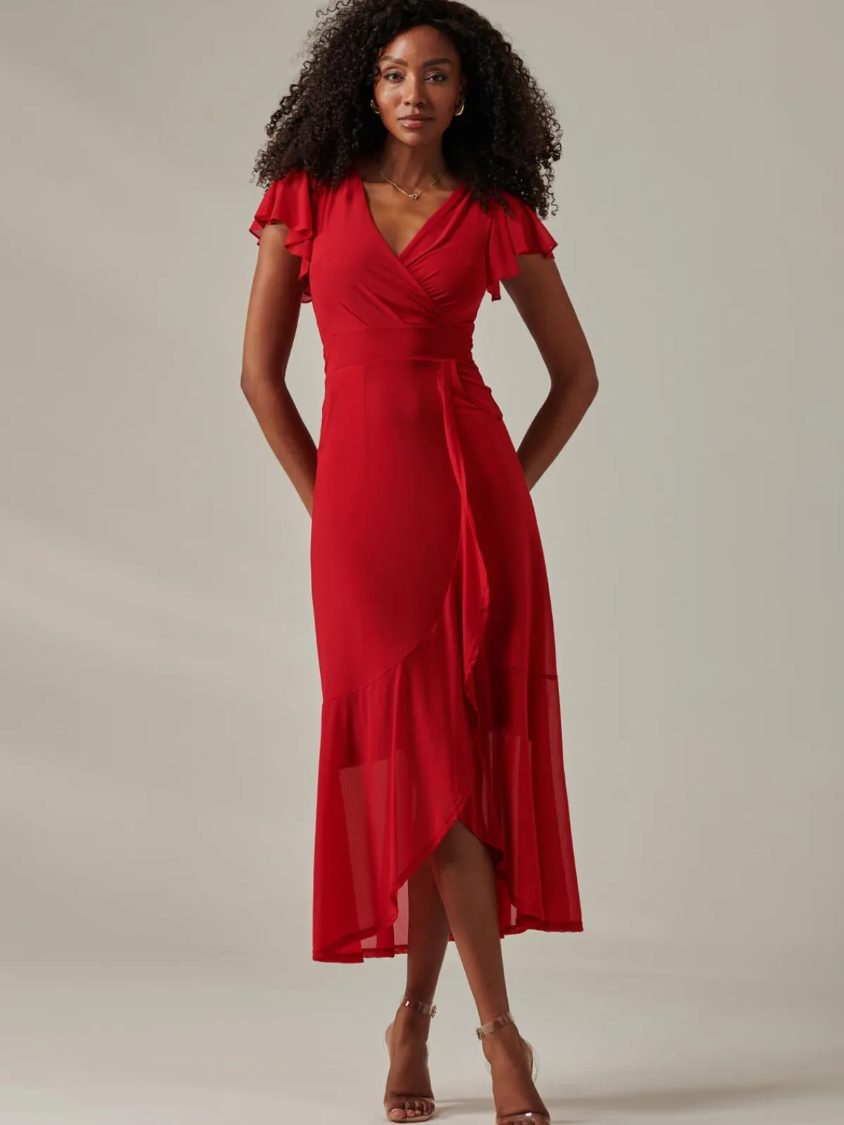 Jolie Moi Occasion Dresses|Wrap Dresses-Plain Wrap Mesh Maxi Dress, Red
