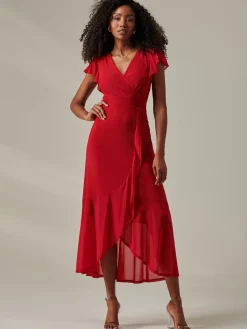 Jolie Moi Occasion Dresses|Wrap Dresses-Plain Wrap Mesh Maxi Dress, Red