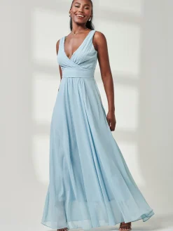 Jolie Moi Occasion Dresses|Sleeveless Dresses-Pleated Bodice Chiffon Maxi Dress, Ice Blue