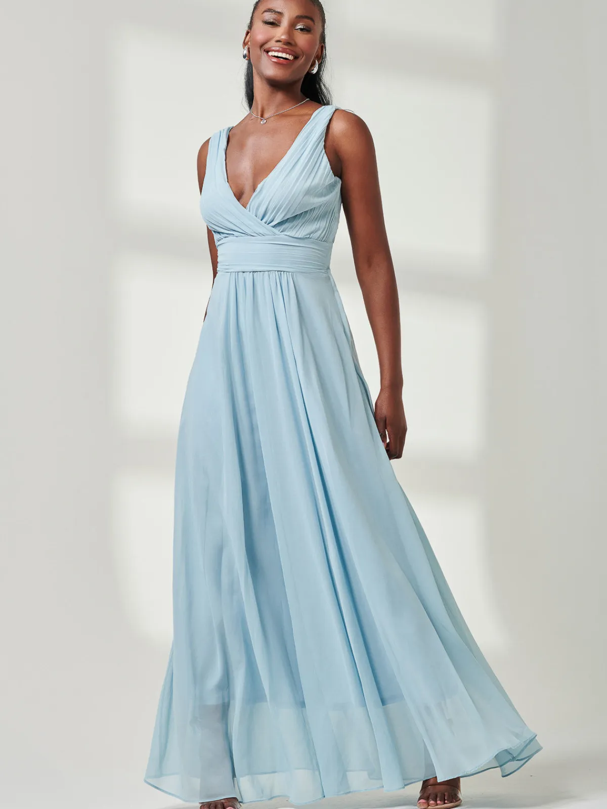 Jolie Moi Occasion Dresses|Sleeveless Dresses-Pleated Bodice Chiffon Maxi Dress, Ice Blue
