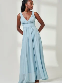 Jolie Moi Occasion Dresses|Sleeveless Dresses-Pleated Bodice Chiffon Maxi Dress, Ice Blue
