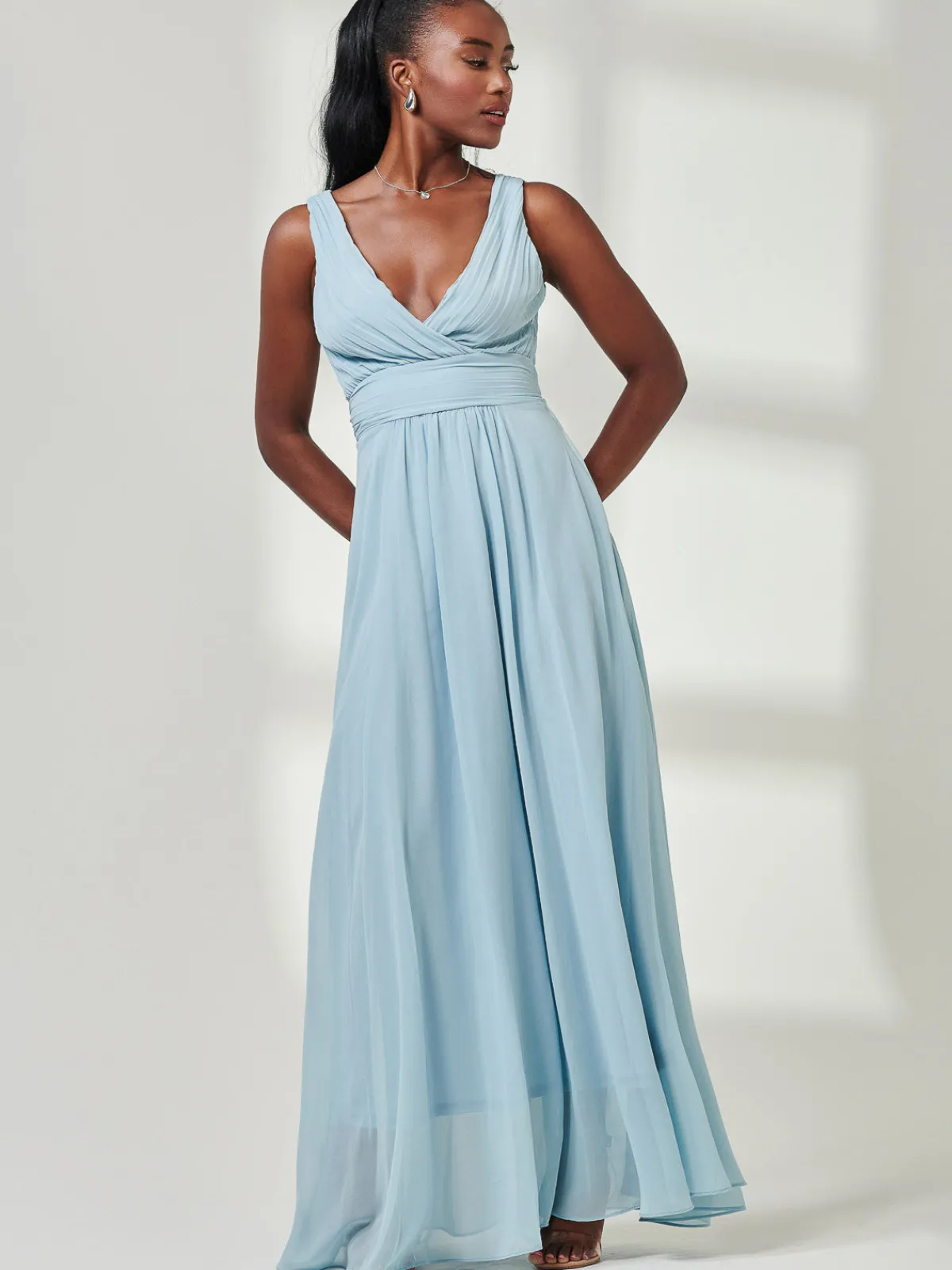 Jolie Moi Occasion Dresses|Sleeveless Dresses-Pleated Bodice Chiffon Maxi Dress, Ice Blue