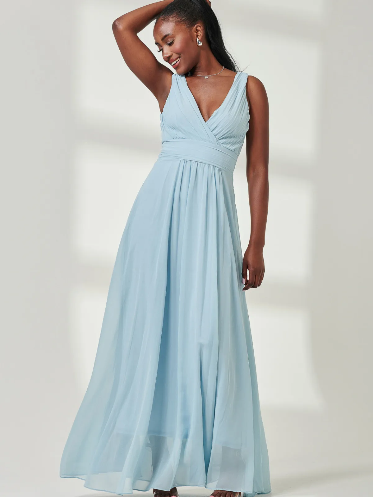 Jolie Moi Occasion Dresses|Sleeveless Dresses-Pleated Bodice Chiffon Maxi Dress, Ice Blue