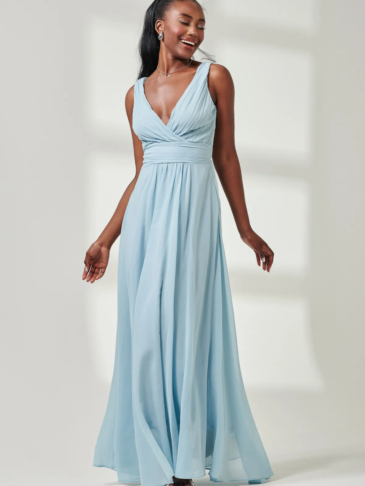 Jolie Moi Occasion Dresses|Sleeveless Dresses-Pleated Bodice Chiffon Maxi Dress, Ice Blue