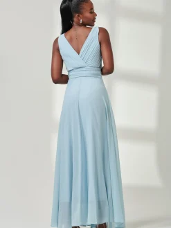 Jolie Moi Occasion Dresses|Sleeveless Dresses-Pleated Bodice Chiffon Maxi Dress, Ice Blue