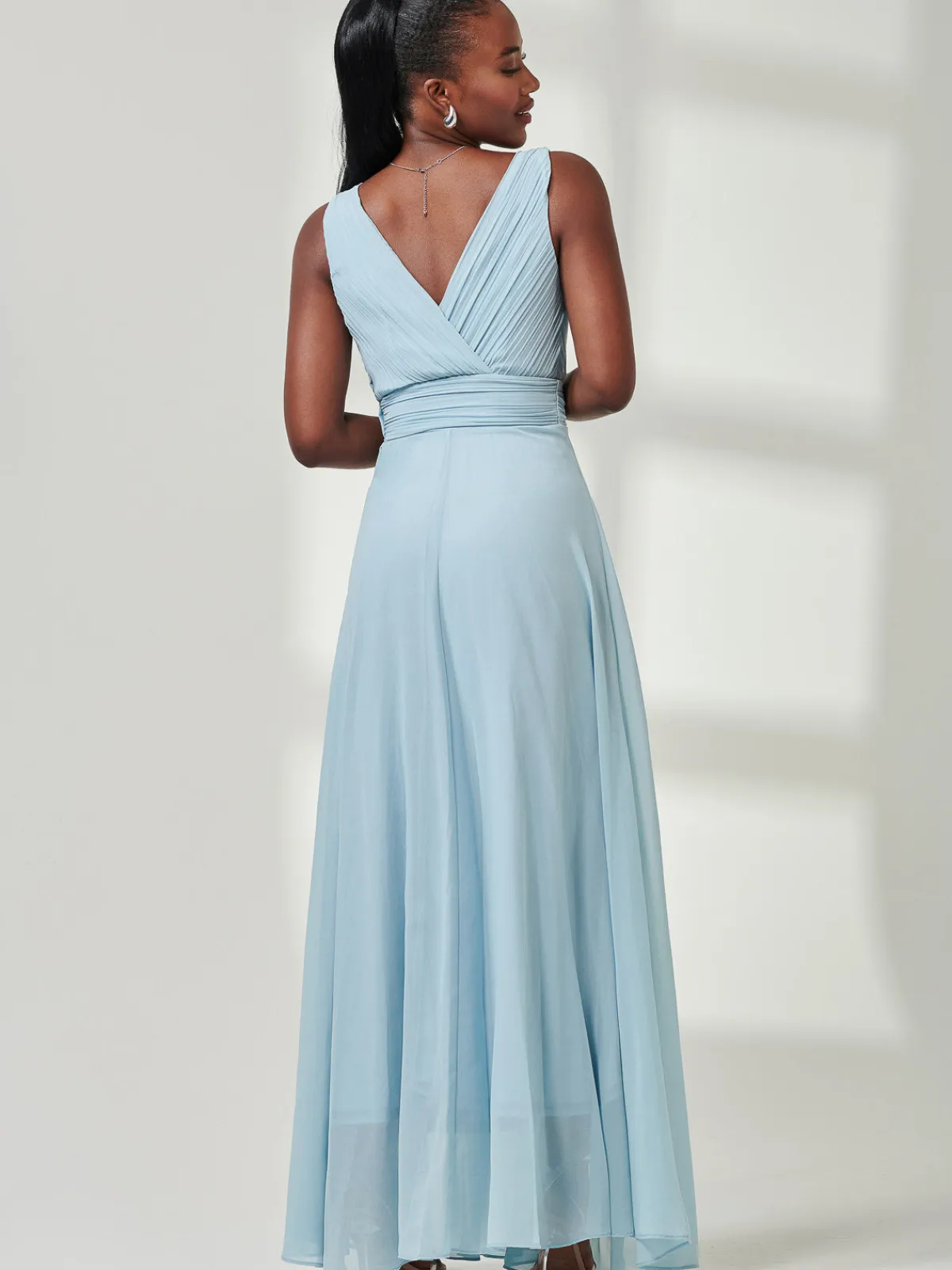 Jolie Moi Occasion Dresses|Sleeveless Dresses-Pleated Bodice Chiffon Maxi Dress, Ice Blue