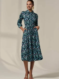 Jolie Moi Occasion Dresses|Jersey Dresses-Pleated Button Up Midi Dress, Navy Floral
