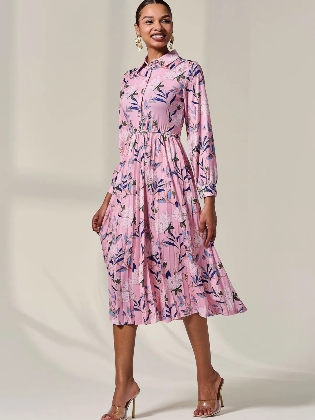 Jolie Moi Office Dresses|Midi Dresses-Pleated Button Up Midi Dress, Pink Floral